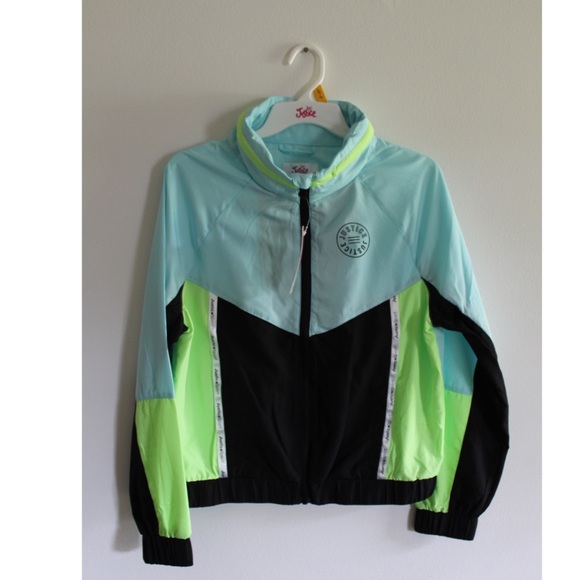 Justice NWT Neon Blue Lime Green Windbreaker Jacket 10 - Picture 9 of 12